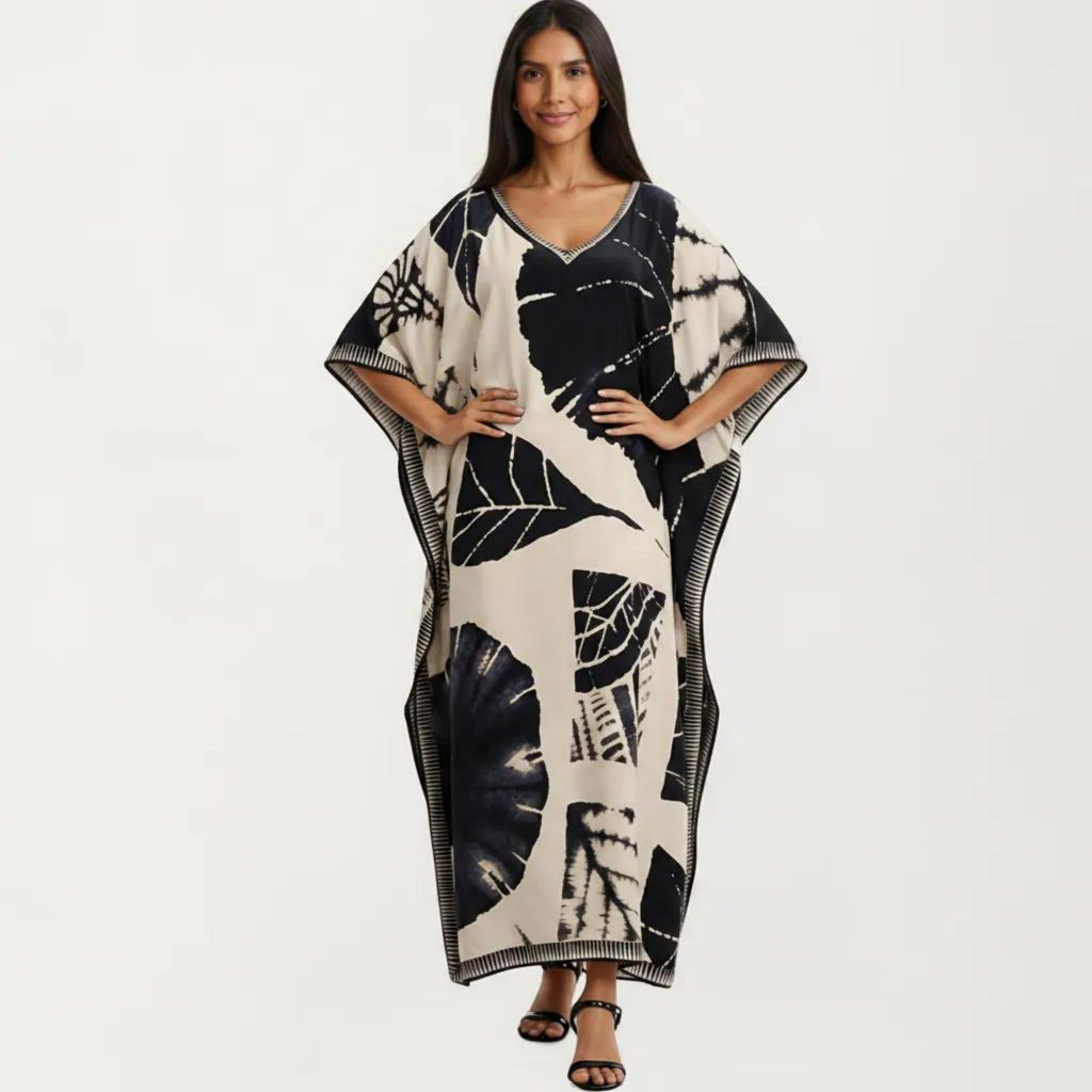 Anna-Kaci Women's Abstract Print Maxi Caftan Dress with V-Neckline Short Sleeves and Relaxed Draped Silhouette