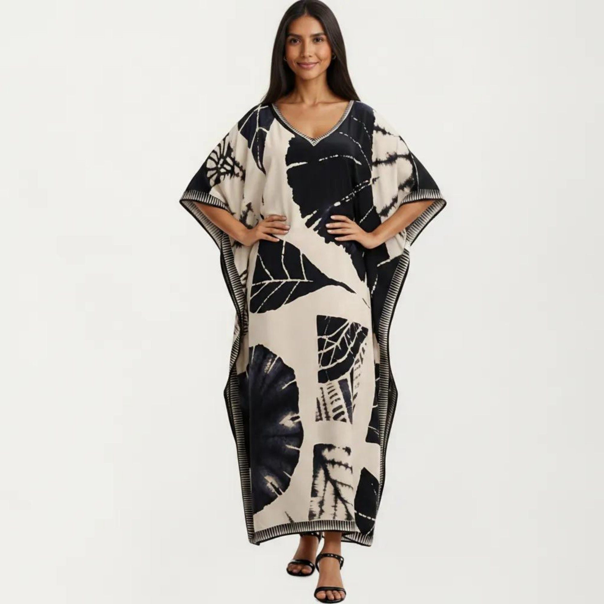 Anna-Kaci Women's Abstract Print Maxi Caftan Dress with V-Neckline Short Sleeves and Relaxed Draped Silhouette