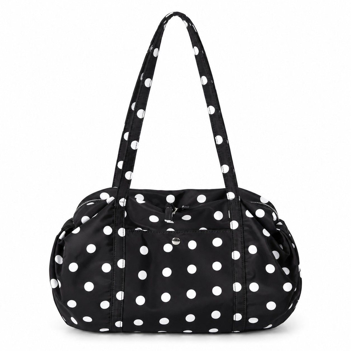 Polka Dot Nylon Barrel Shoulder Bag with Double Handles Zip Closure and Interior Pockets