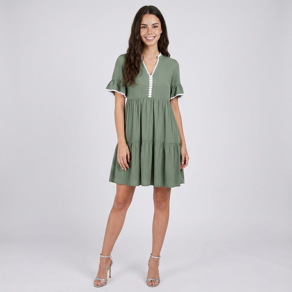 Lace Trim V-Neck Flutter Sleeve Tiered Mini Dress with Gathered Waist and Flowy Relaxed Silhouette