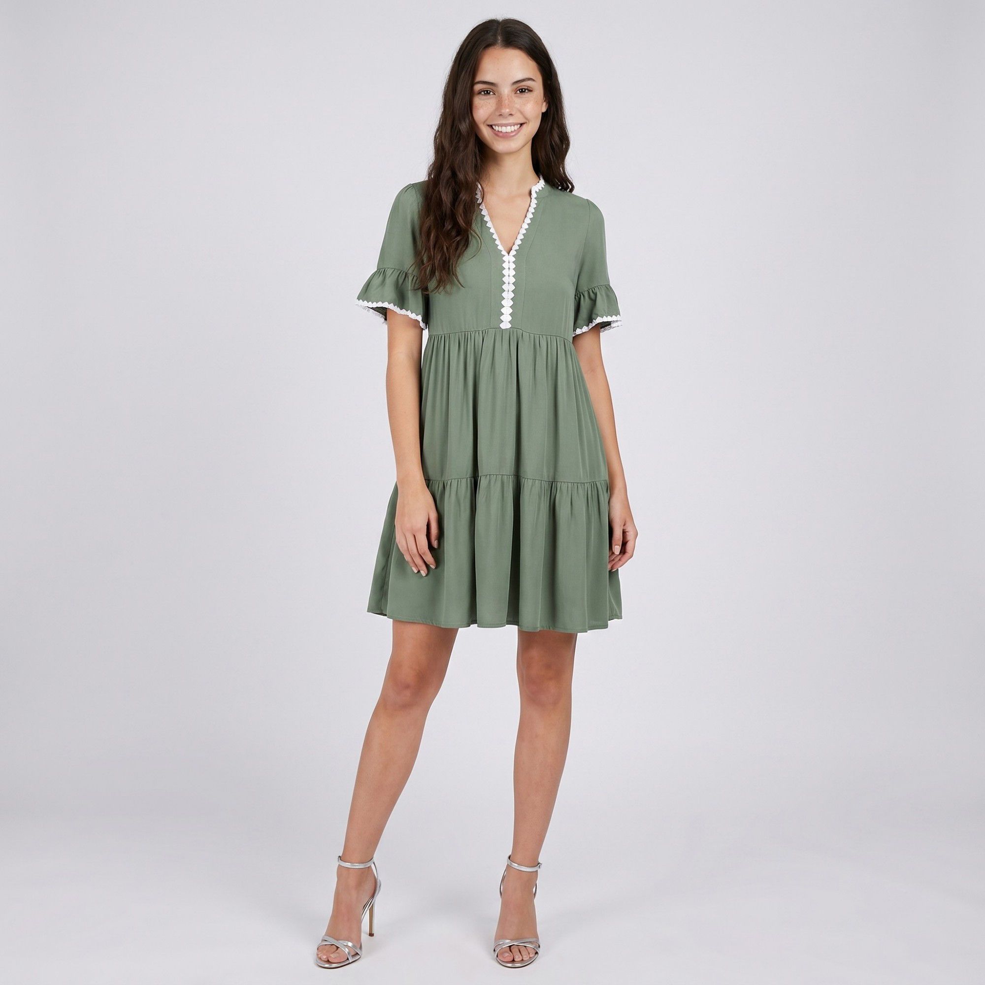 Lace Trim V-Neck Flutter Sleeve Tiered Mini Dress with Gathered Waist and Flowy Relaxed Silhouette
