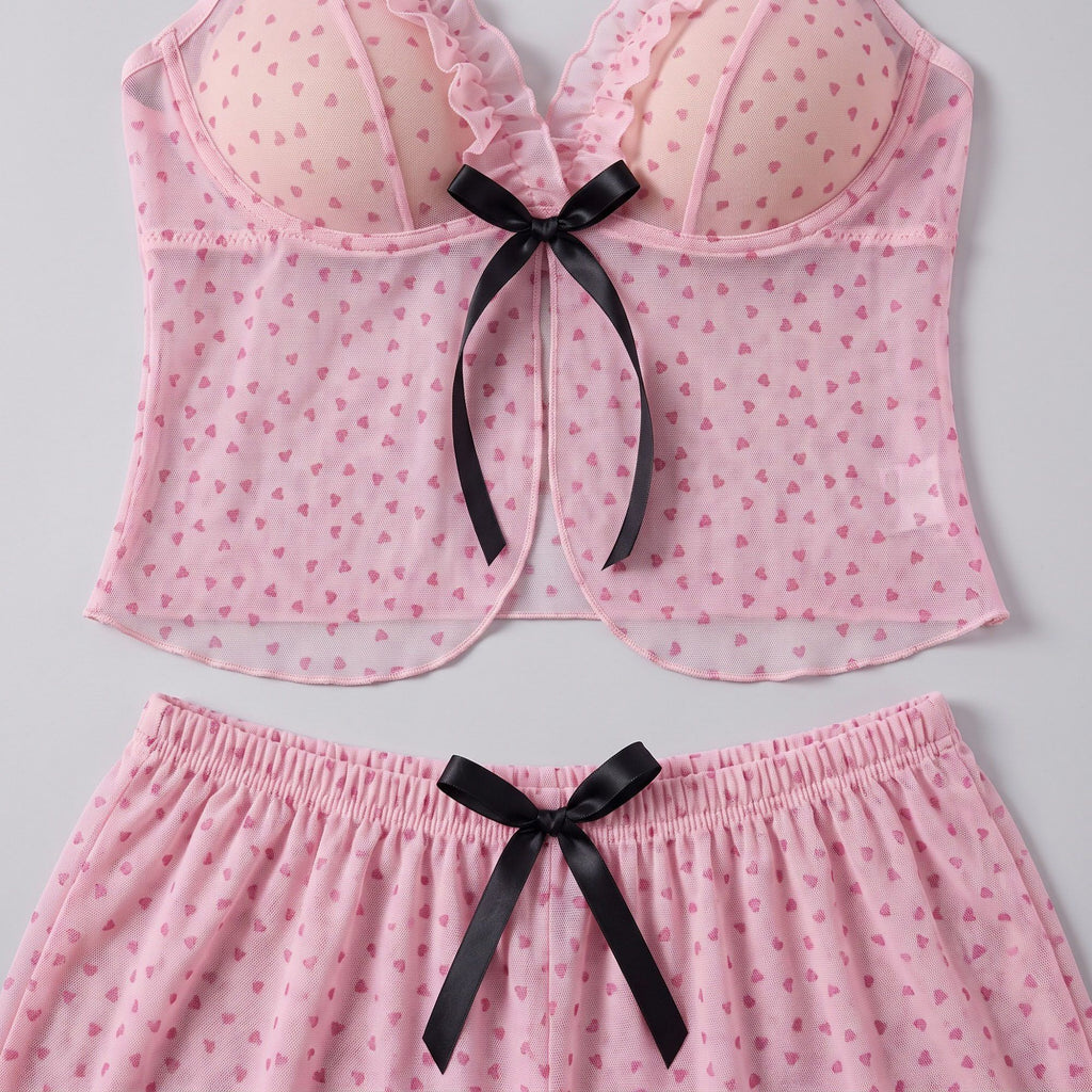 Heart Print Mesh Ruffle Cami and Shorts Lingerie Set