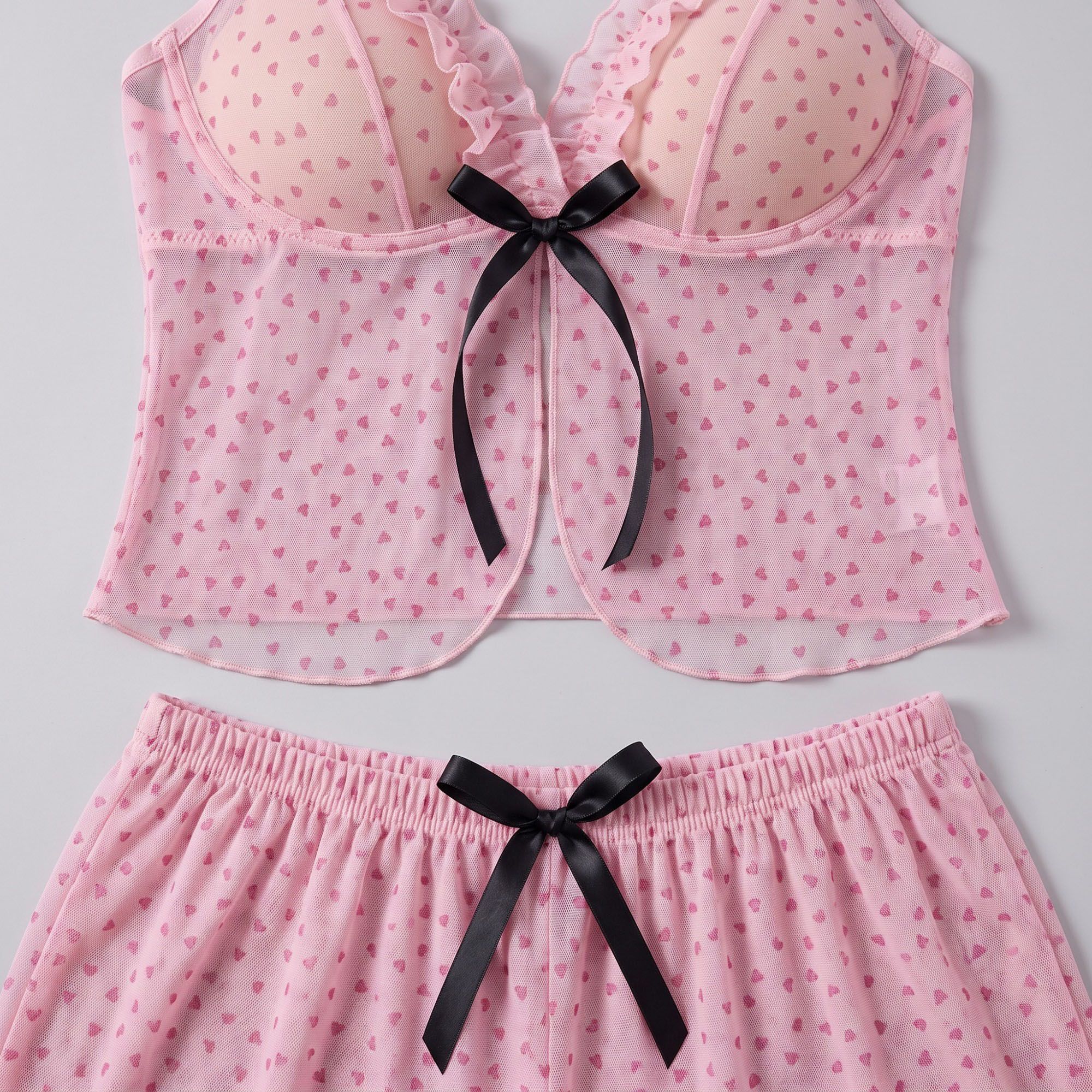 Heart Print Mesh Ruffle Cami and Shorts Lingerie Set