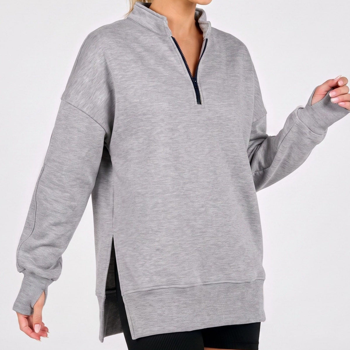 Quarter Zip Mock Neck Long Sleeve Tunic Sweatshirt with Side Slits