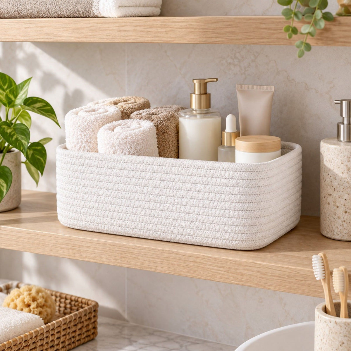 3 Piece Rectangular Woven Cotton Cord Desktop Storage Basket Set
