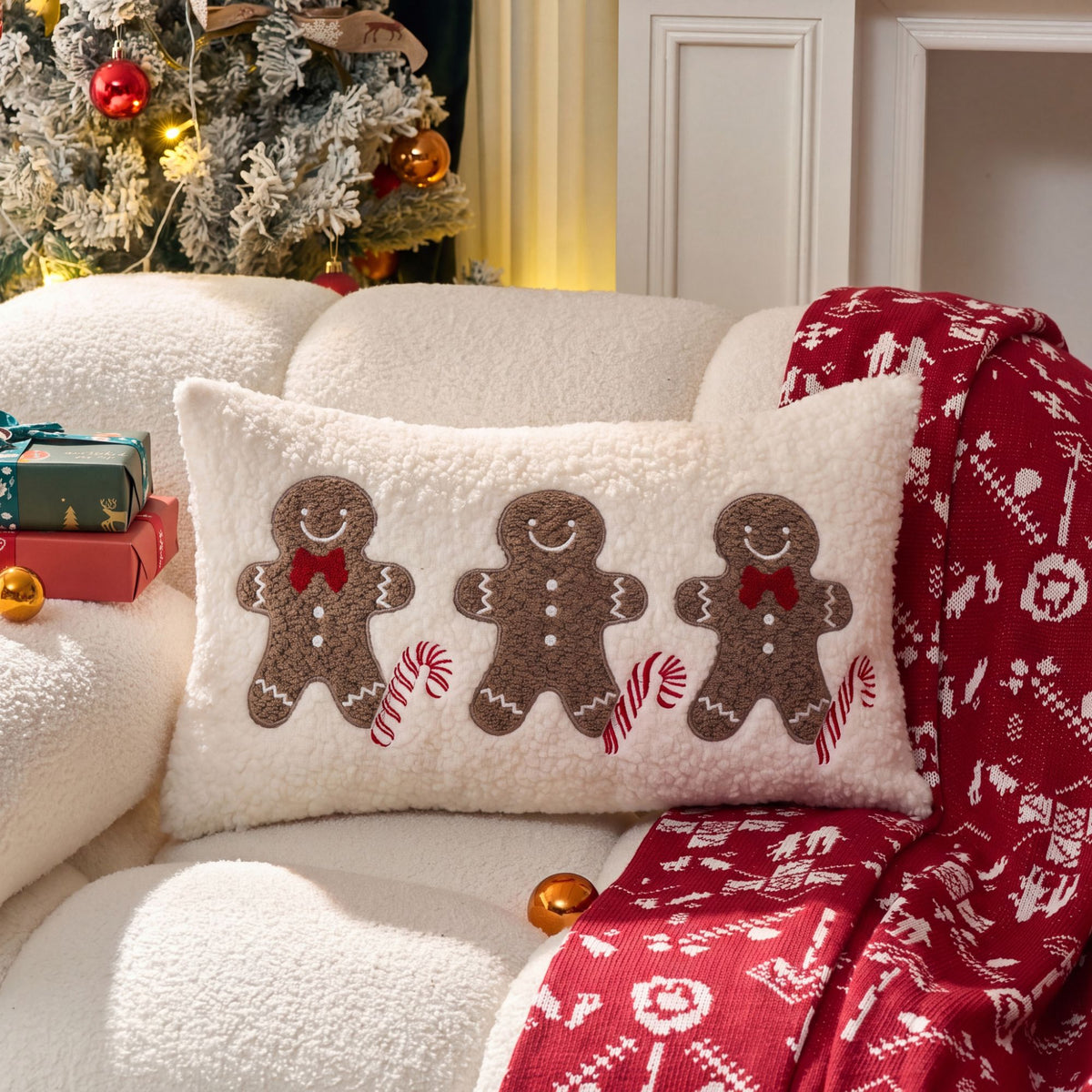 Christmas Plush Textured Lumbar Pillow Cover Gingerbread Snowflake Holiday Decor for Sofa Bed