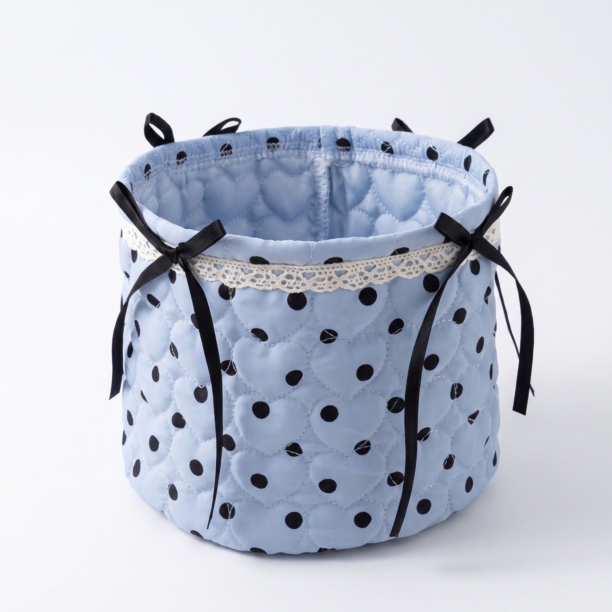 Quilted Heart Polka Dot Storage Bin with Lace Trim & Ribbon Bows