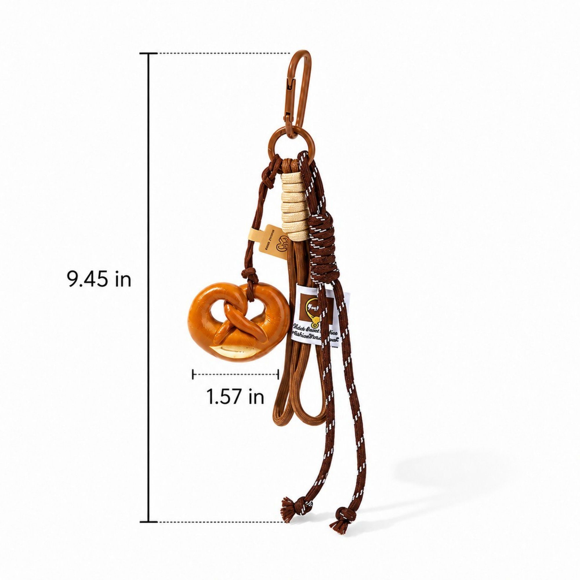 Pretzel Keychain Bag Charm with Brown Cord Tassel Carabiner Clip and Gold Tone Accent