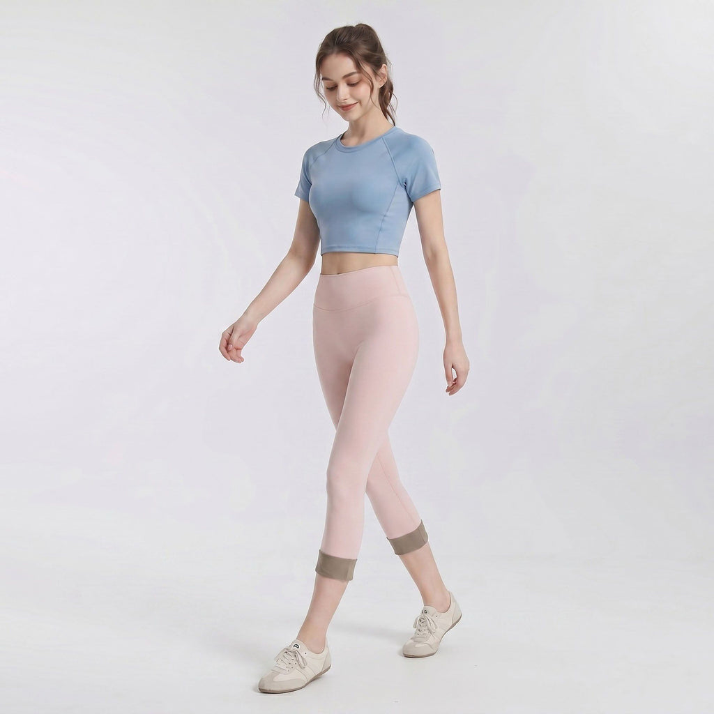 High Waist Capri Leggings with Folded Cuff Hem Wide Waistband Smooth Stretch Yoga Pants