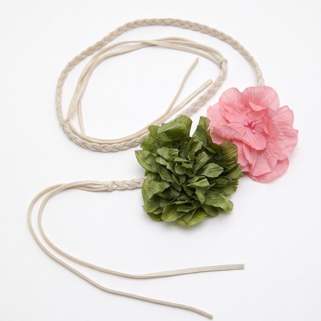 Dual Fabric Flower Braided Wrap Waist Belt Adjustable Floral Statement Waist Jewelry 43.3in
