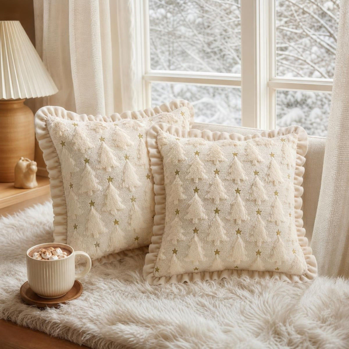 1 Piece Christmas Tree Throw Pillow Cover with Ruffle Trim Stars 18 x 18 Inch