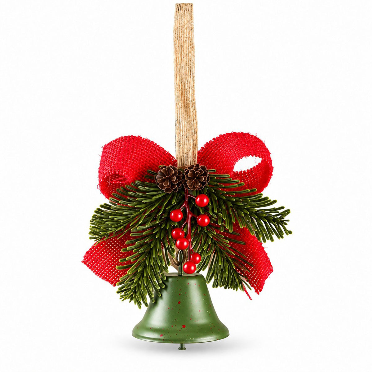 Christmas Bell Ornament with Bow Pinecones Berries and Greenery