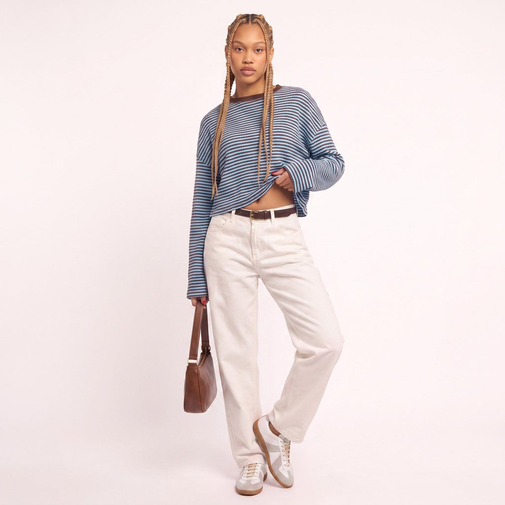 Striped Textured Knit Drop Shoulder Cropped Sweater