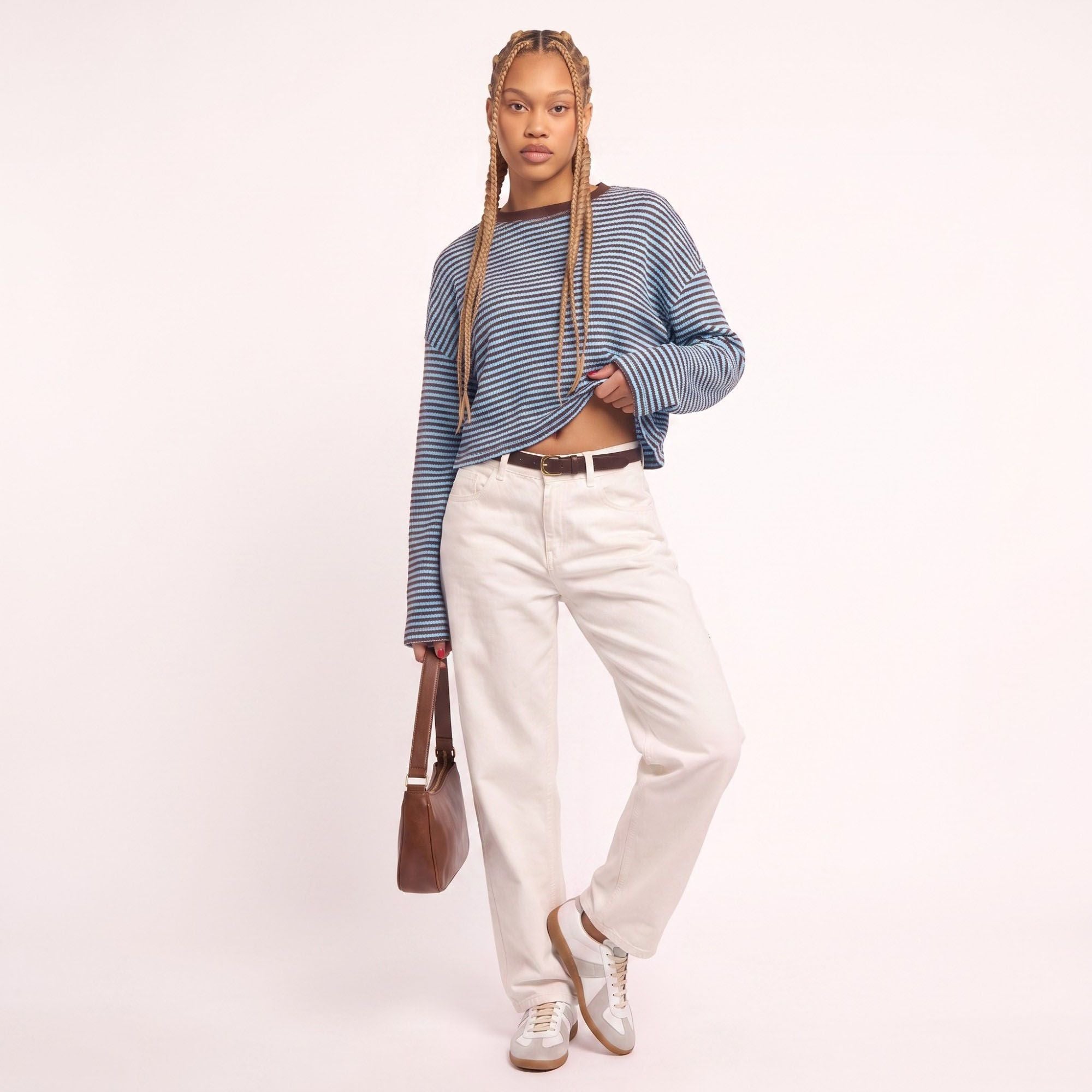 Striped Textured Knit Drop Shoulder Cropped Sweater