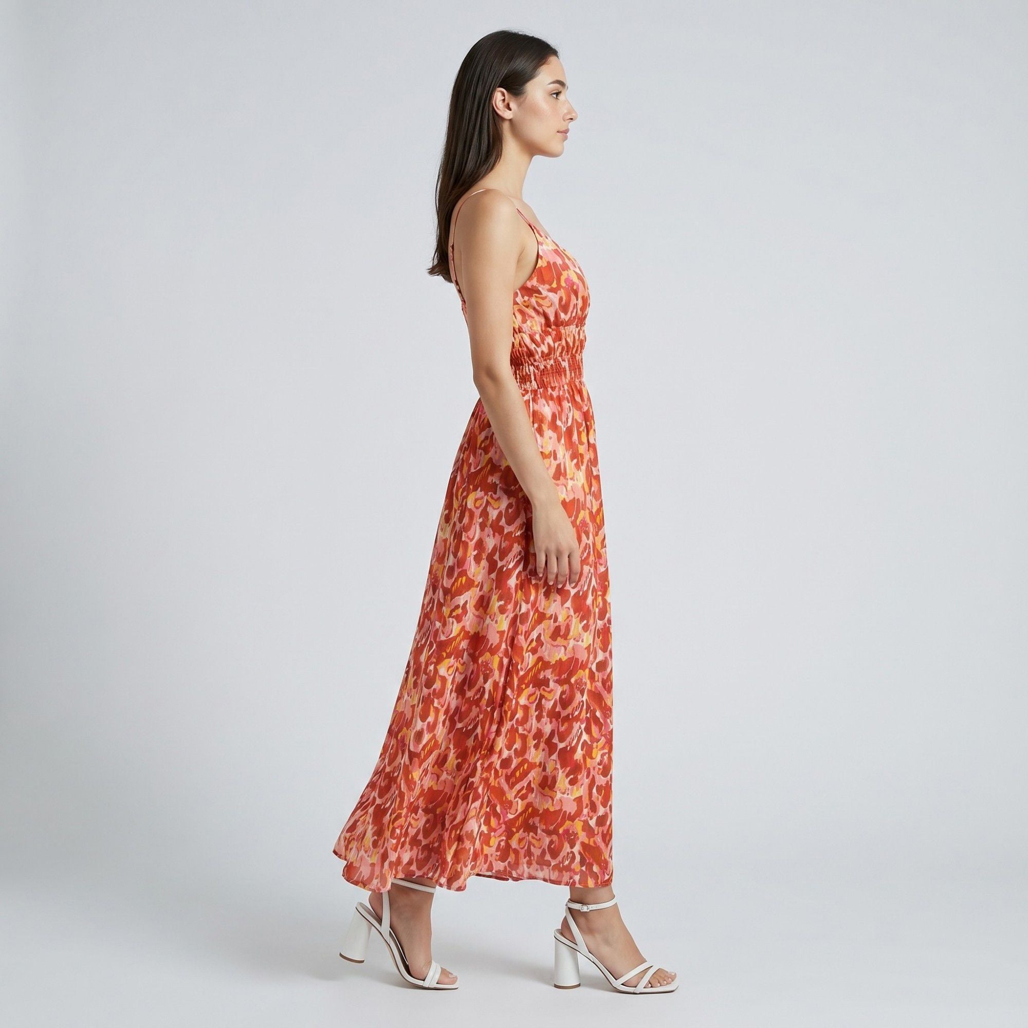 Abstract Floral Print Smocked Waist Spaghetti Strap V-Neck Maxi Dress with Surplice Bodice and Flowy Skirt