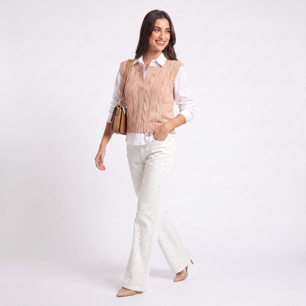 Cable Knit Sweater Vest Sleeveless Mauve Pullover Top