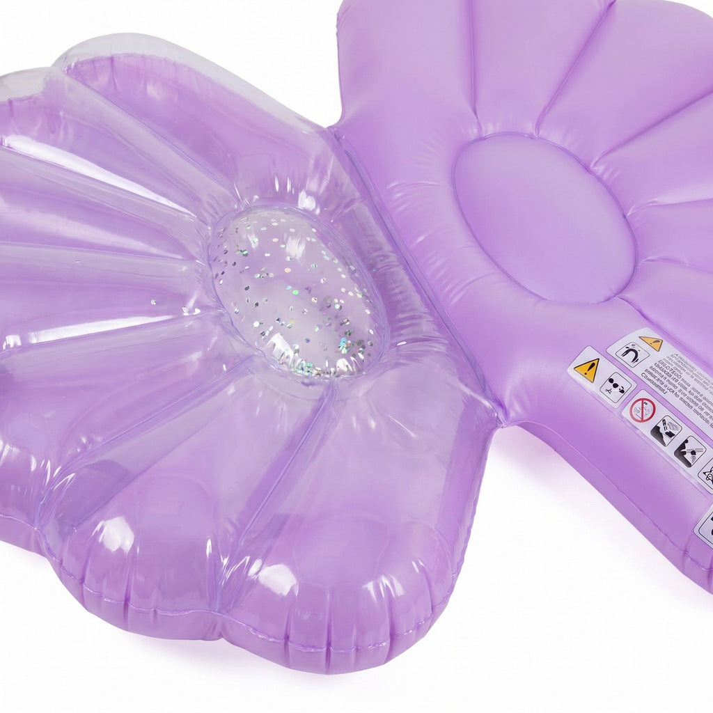 Shell Shaped Inflatable Pool Float with Glitter Center and Contoured Lounge Design