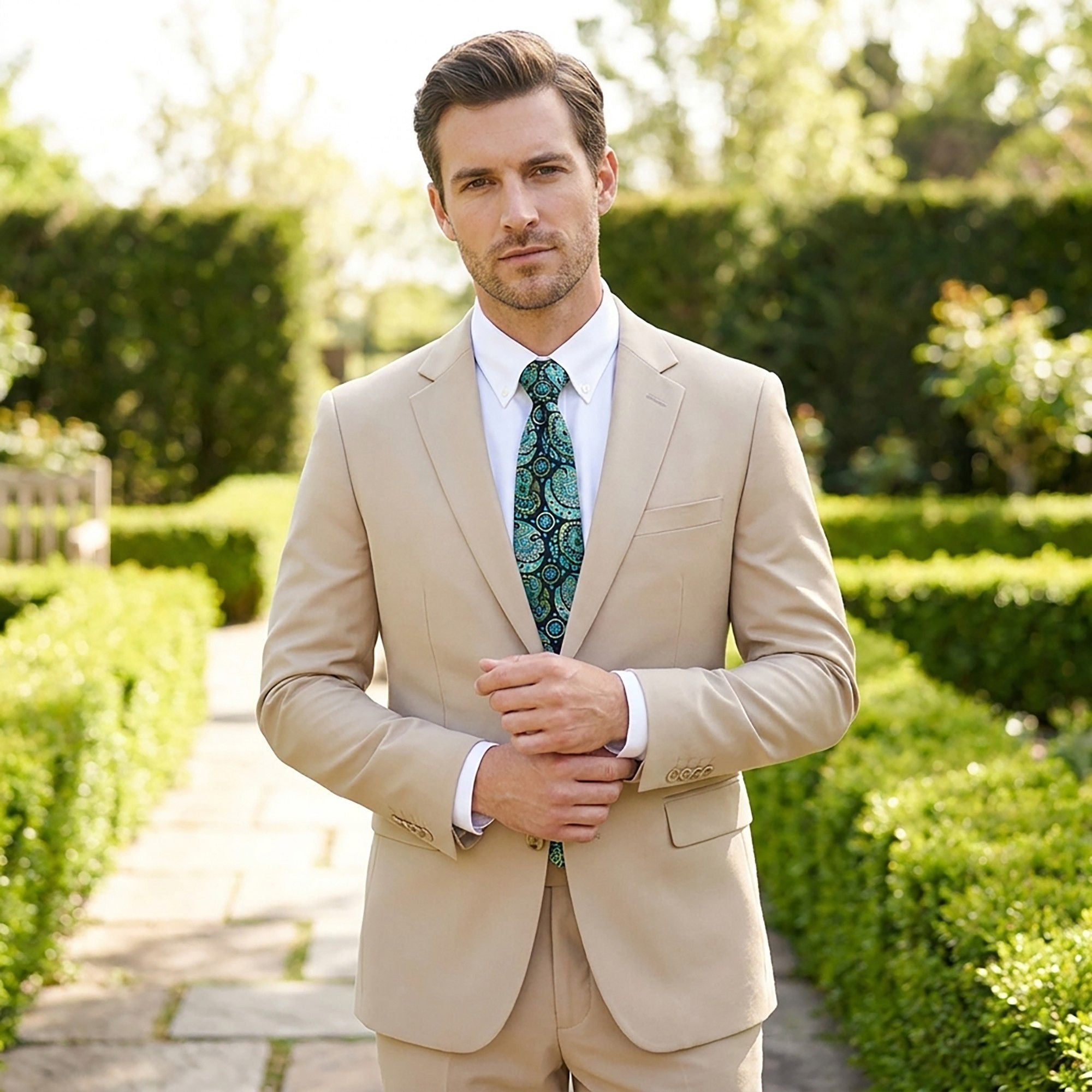 Men's Paisley Tie Gift Set with Matching Pocket Square Cufflinks and Silver Tie Clip