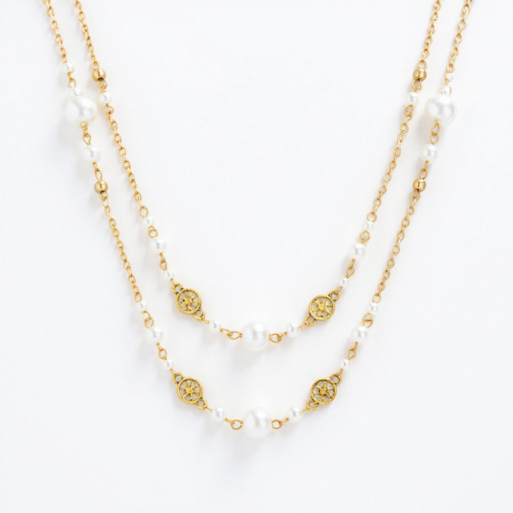 Women's Layered Pearl Beaded Necklace with Gold Filigree Accents 31.5in/39.5in