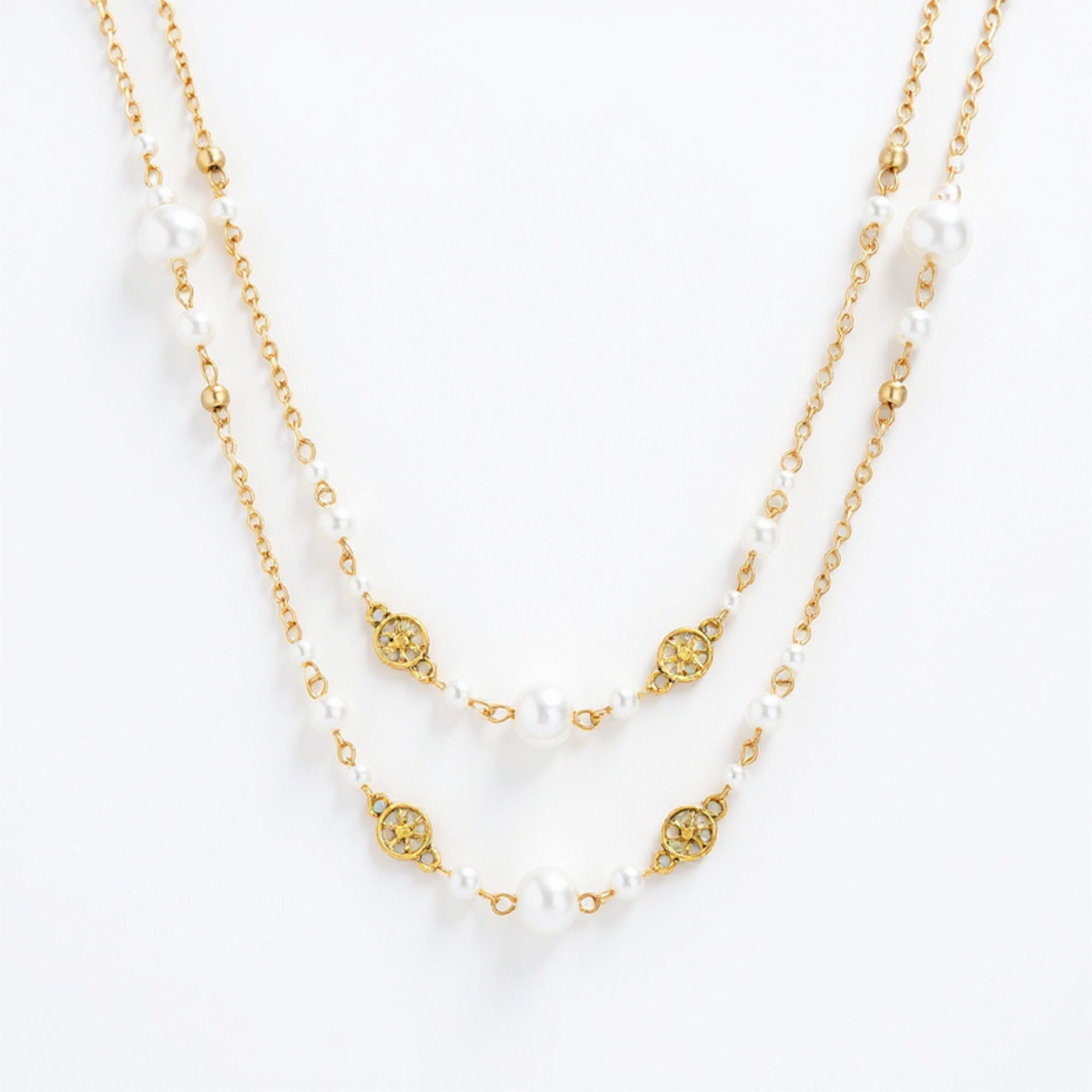 Women's Layered Pearl Beaded Necklace with Gold Filigree Accents 31.5in/39.5in
