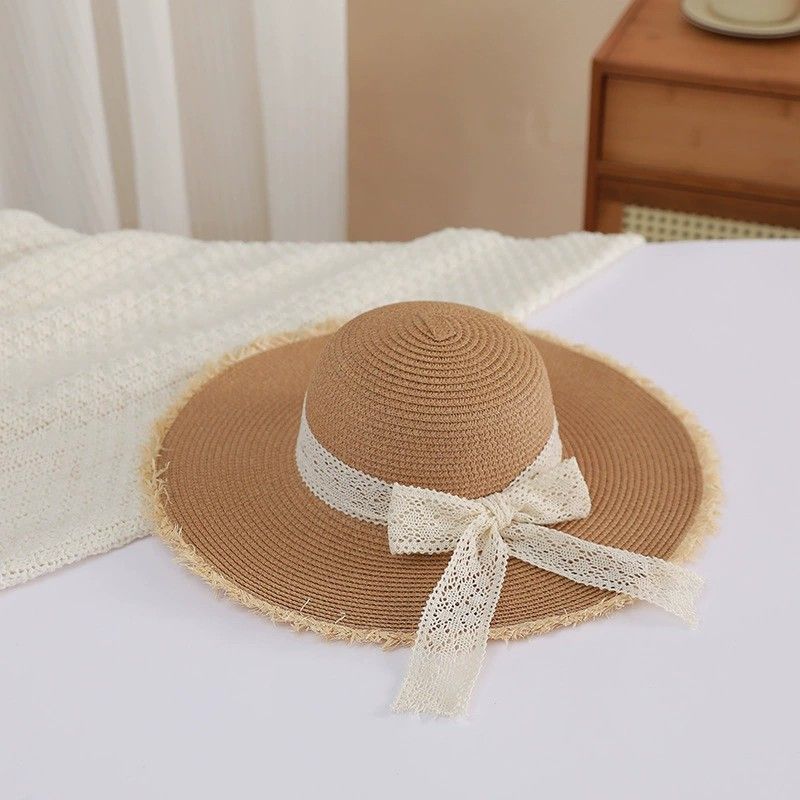 Anna-Kaci Womens Wide Brim Straw Sun Hat with Lace Tie Breathable Summer Beach Floppy Hat
