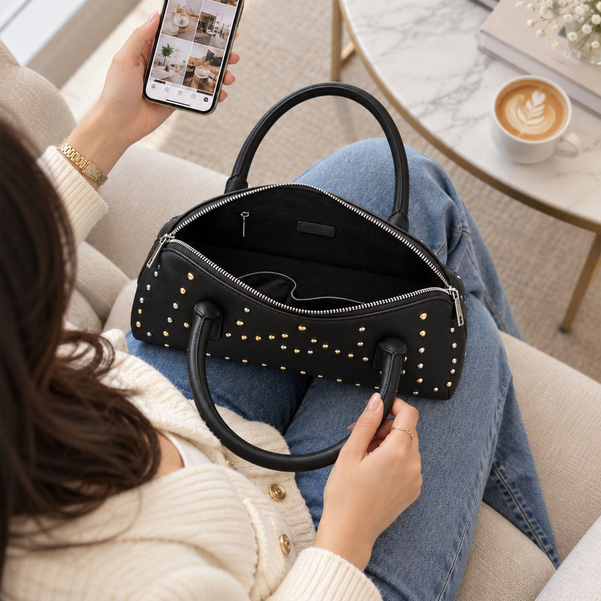 Studded Satchel Handbag with Long Handles Zip Closure and Interior Pocket
