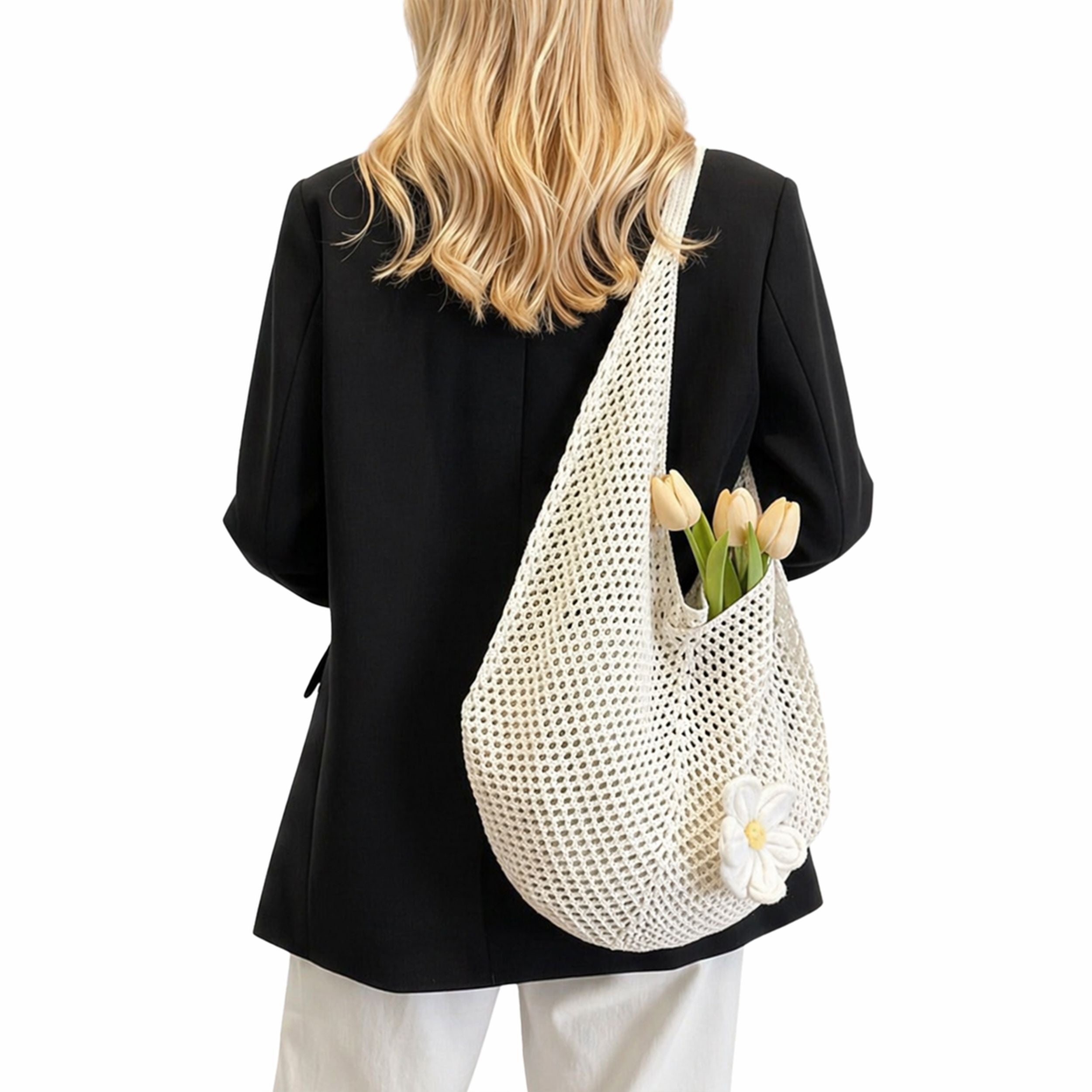 Woven Crochet Hobo Shoulder Bag Lightweight Knit Slouchy Tote with Flower Detail