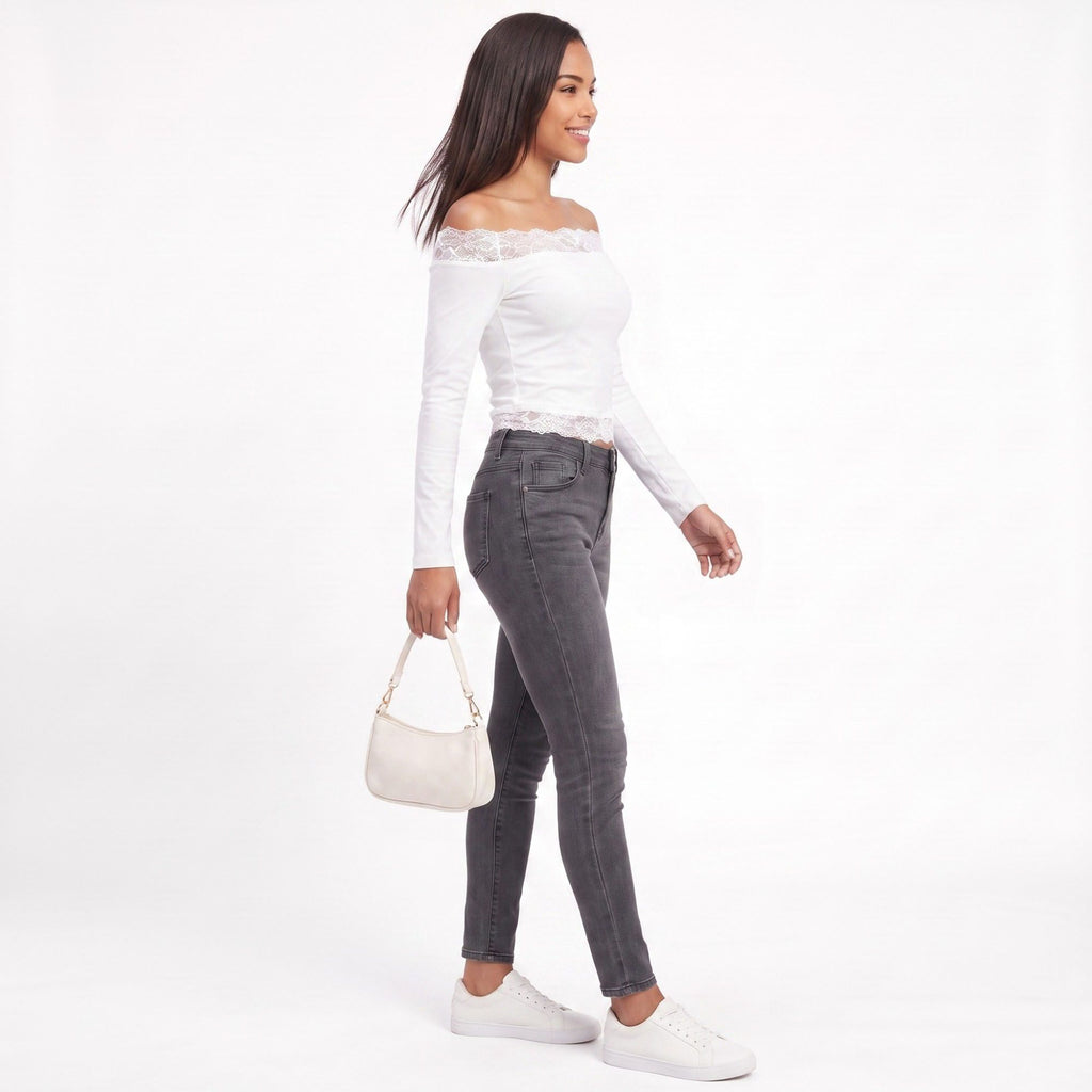 Off-the-Shoulder Lace Trim Long Sleeve Crop Top