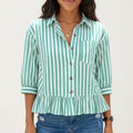 Anna-Kaci Women's Striped Button Down Blouse with Collar Three Quarter Sleeve Peplum Hem Pocket Detail Casual Shirt
