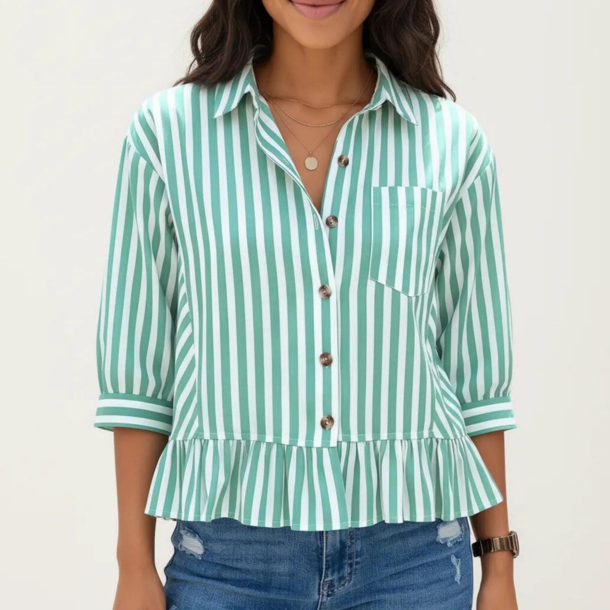 Anna-Kaci Women's Striped Button Down Blouse with Collar Three Quarter Sleeve Peplum Hem Pocket Detail Casual Shirt