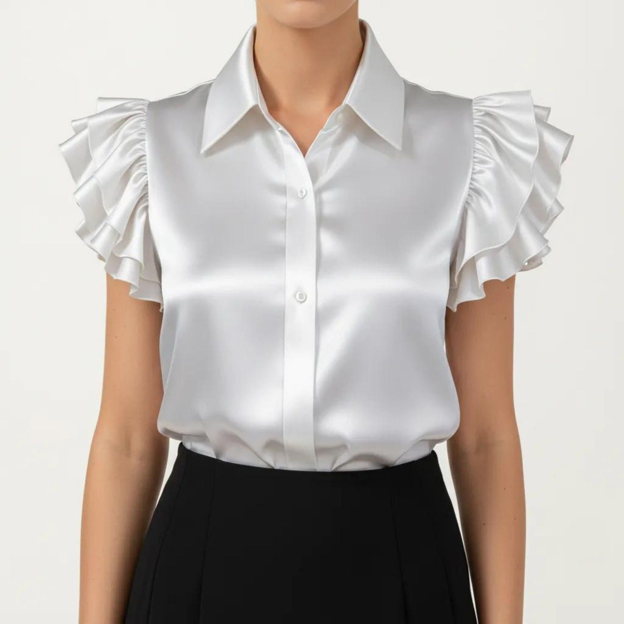 Anna-Kaci Women's Satin Button Down Blouse with Ruffle Sleeves and Collared Neckline