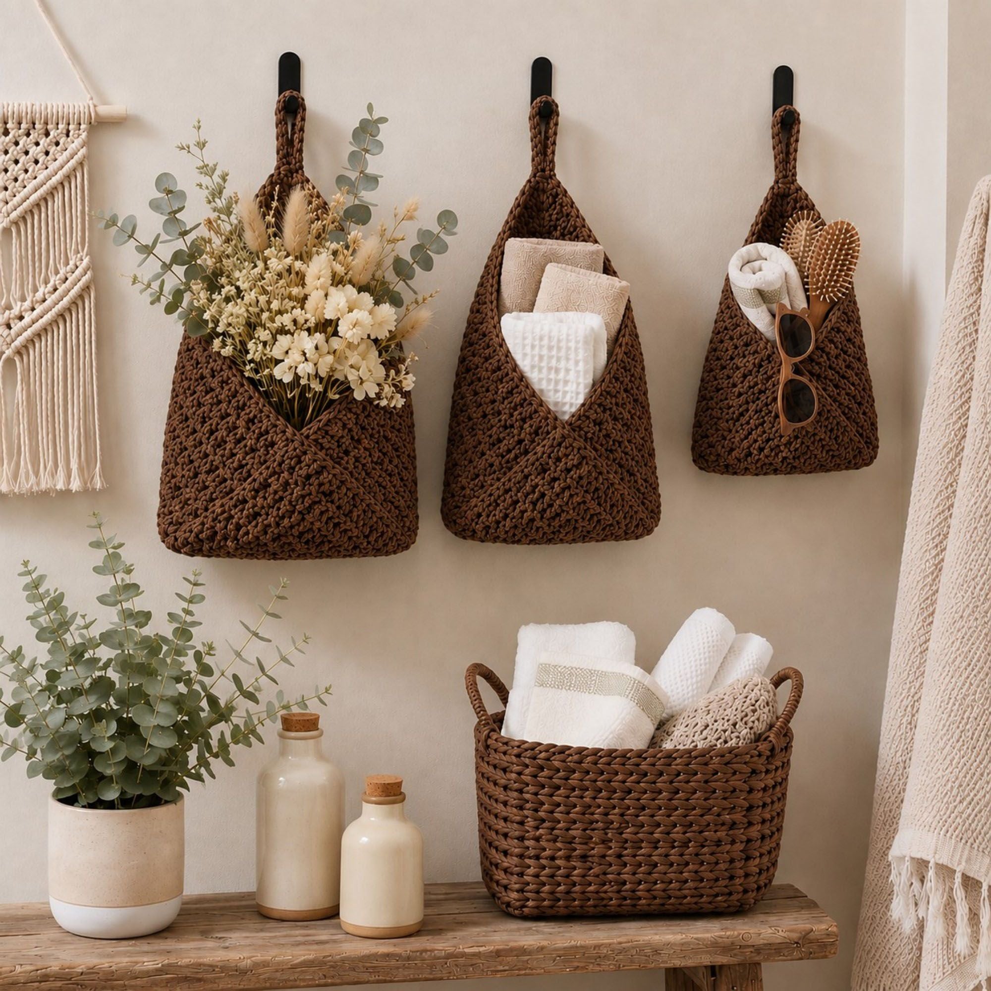 Woven Cotton Rope Hanging Basket Set Wall Storage Organizer with Hooks
