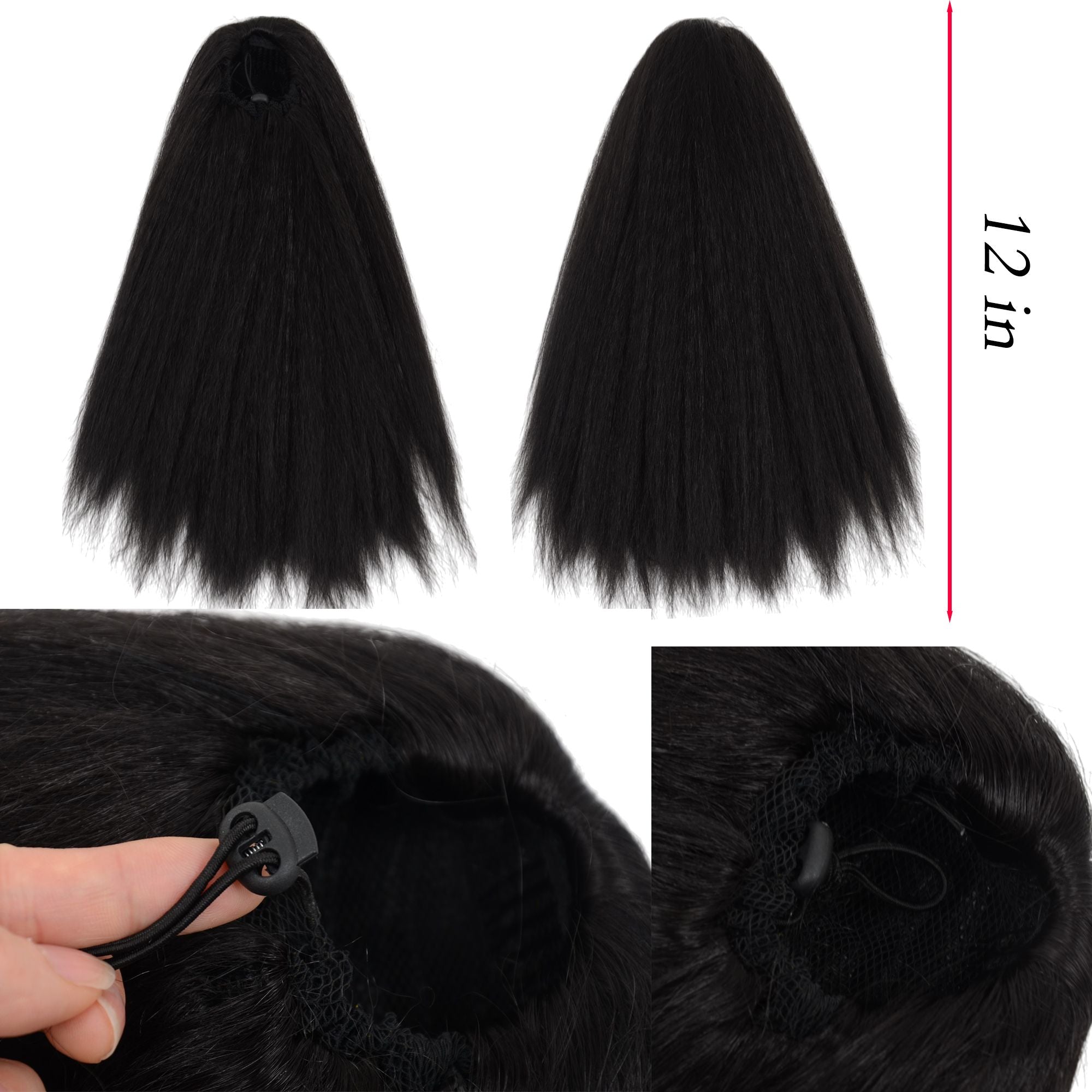 12-Inch Yaki Straight Ponytail Extension Fluffy Thick Drawstring Synthetic Hairpiece with Adjustable Clips for Women