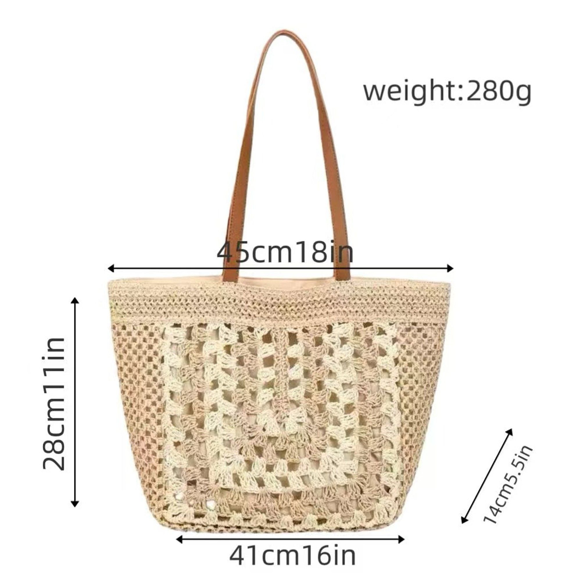 Woven Crochet Tote Bag with Openwork Panel Design Leather Shoulder Strap Lightweight Knit Handbag