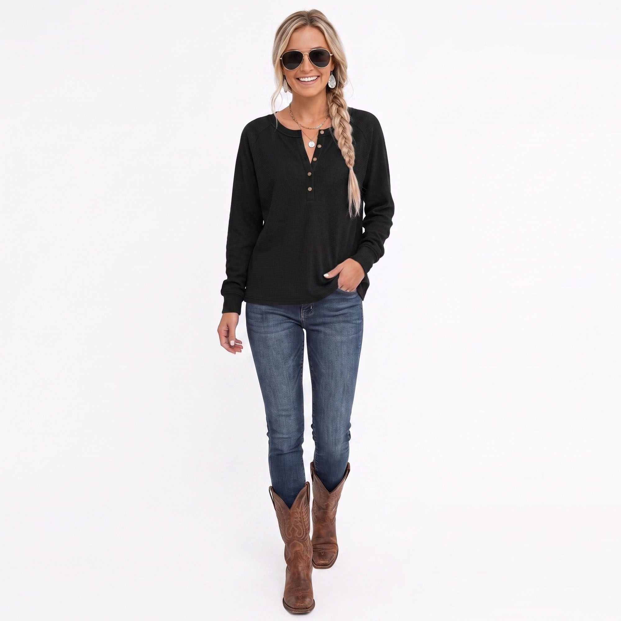 Waffle Knit Henley Raglan Long Sleeve Top