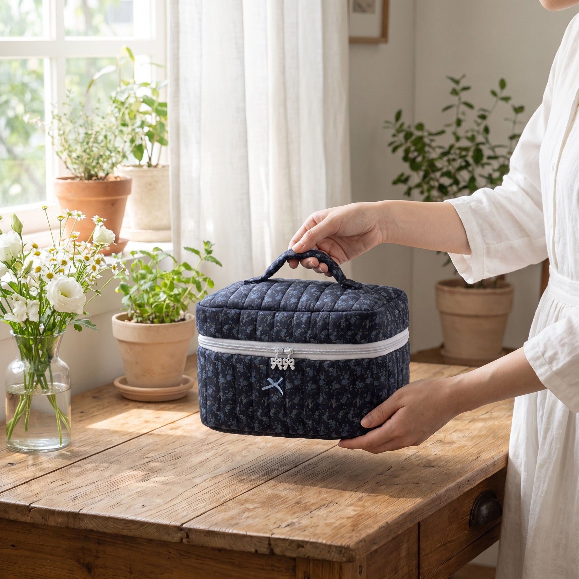 Quilted Floral Cosmetic Makeup Bag with Top Handle and Zip Closure