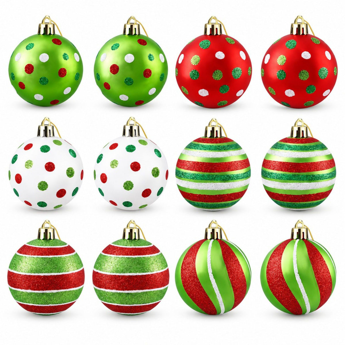 12ct Striped and Polka Dot Christmas Ball Ornament Set Red Green and White
