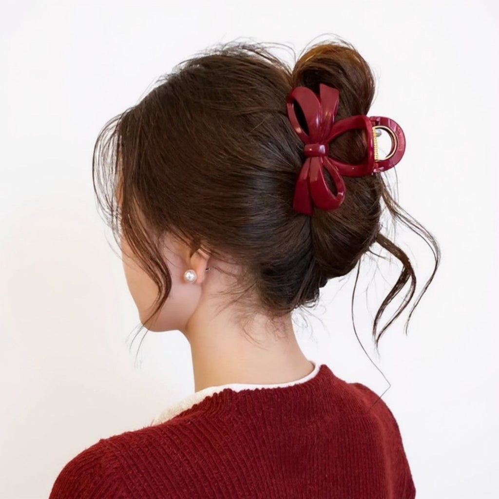 Anna-Kaci 2pcs Glossy Bow Hair Claw Clip with Curved Design and Strong Spring Grip 3in