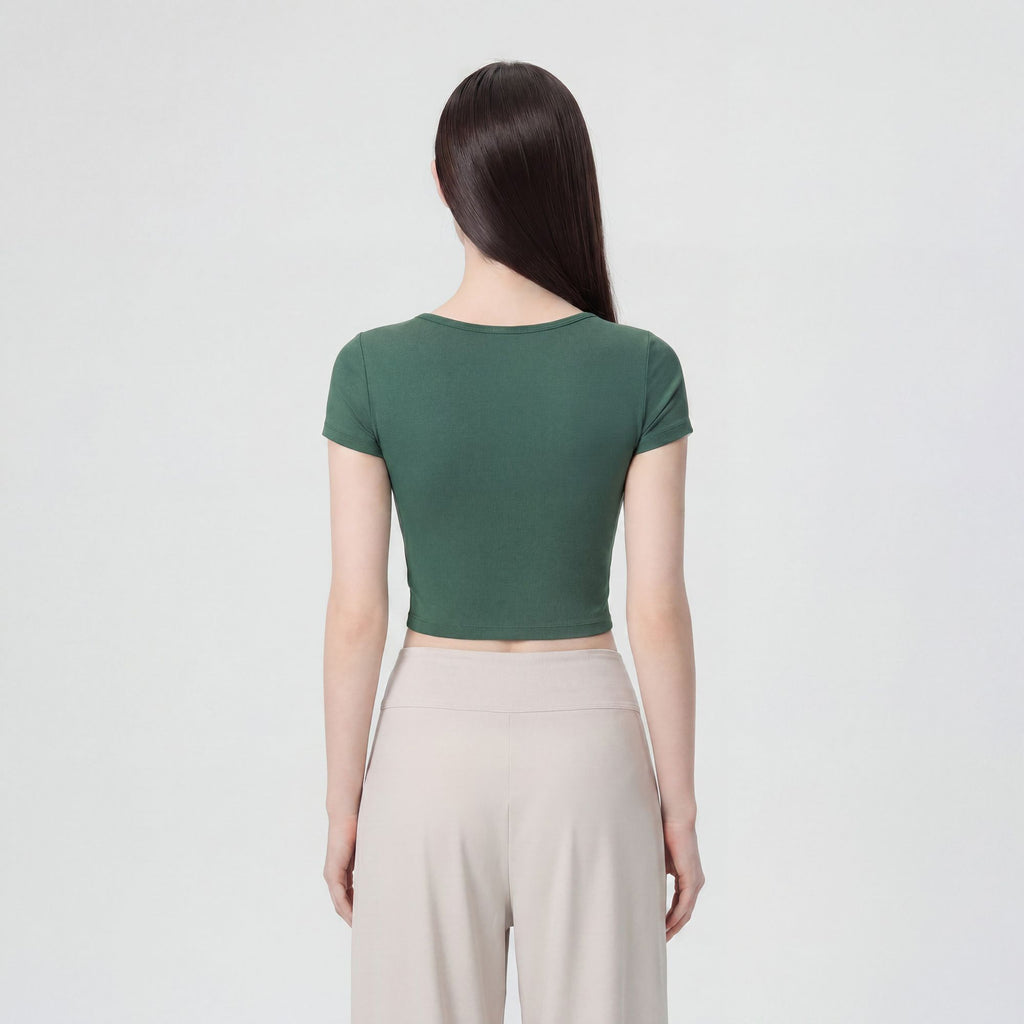 Short Sleeve Cropped Yoga Top with Built In Padding Scoop Neck Contoured Seam Activewear T Shirt