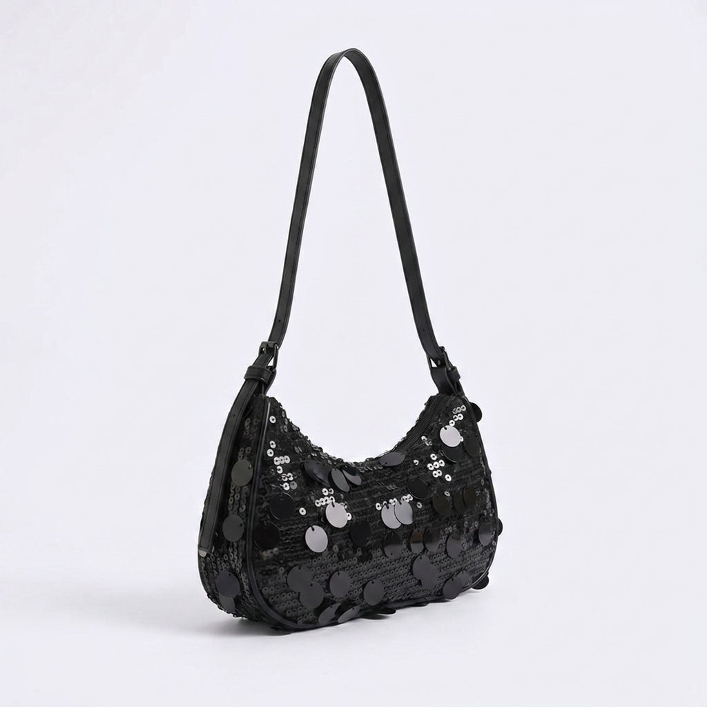 Sequin Crescent Shoulder Bag with Disc Paillette Details and Slim Strap