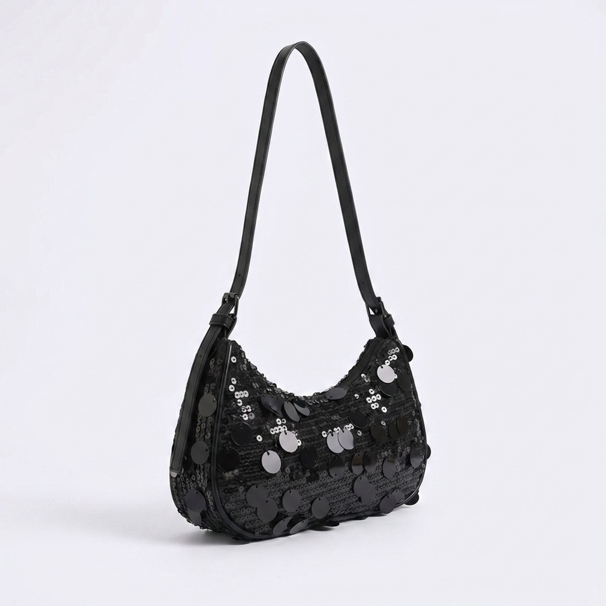 Sequin Crescent Shoulder Bag with Disc Paillette Details and Slim Strap