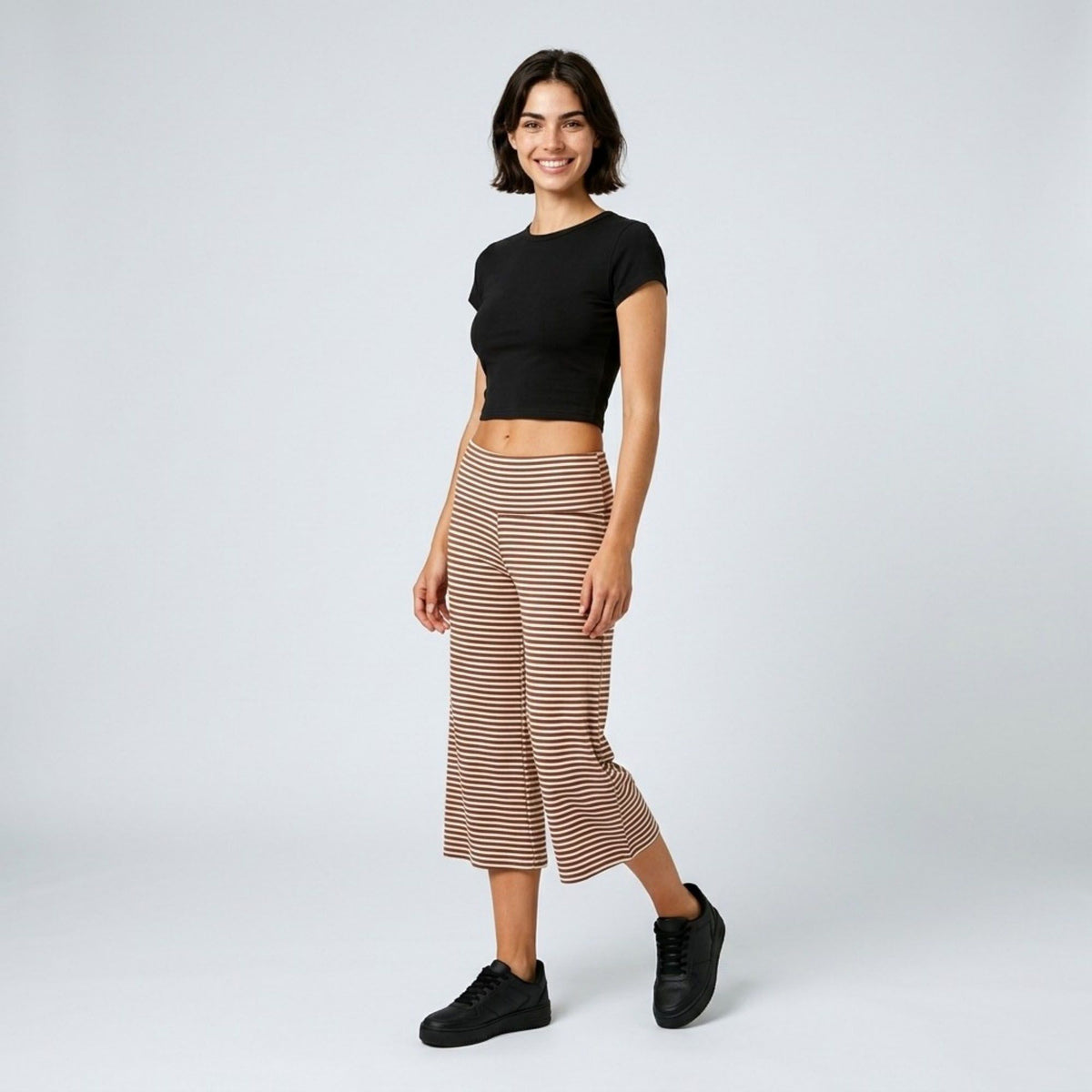 Foldover Waistband Striped Cropped Wide-Leg Trousers