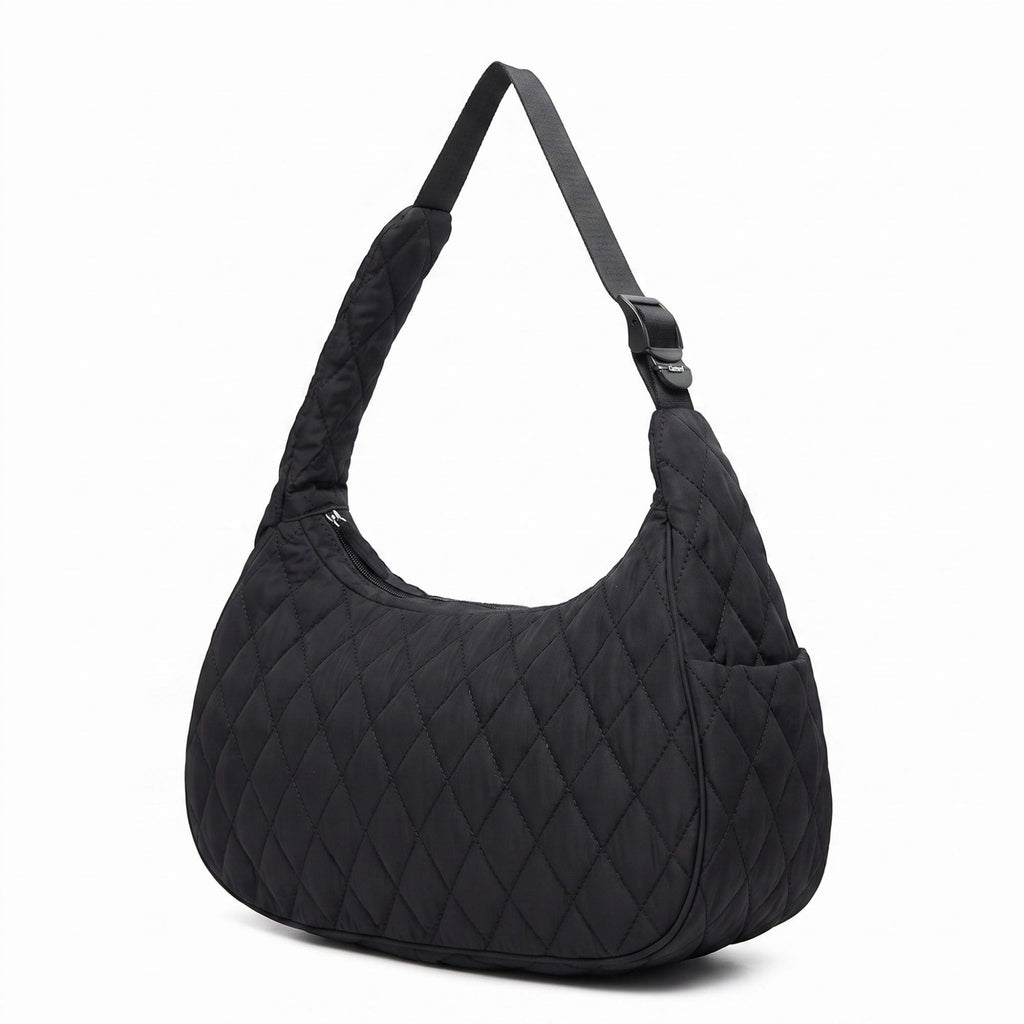 Quilted Hobo Shoulder Bag with Adjustable Strap and Side Pockets 13.5x5.5x9in