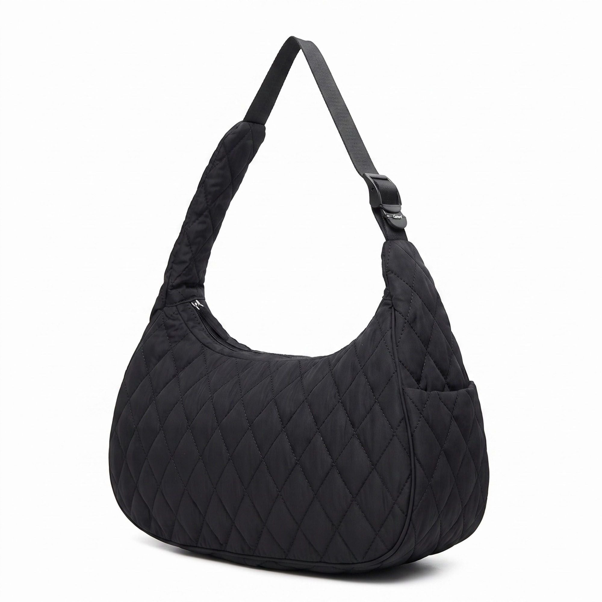 Quilted Hobo Shoulder Bag with Adjustable Strap and Side Pockets 13.5x5.5x9in