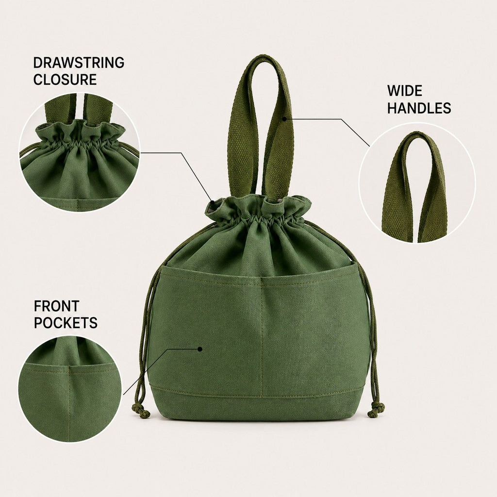 Insulated Drawstring Lunch Bag with Front Pockets Reusable Lunch Tote