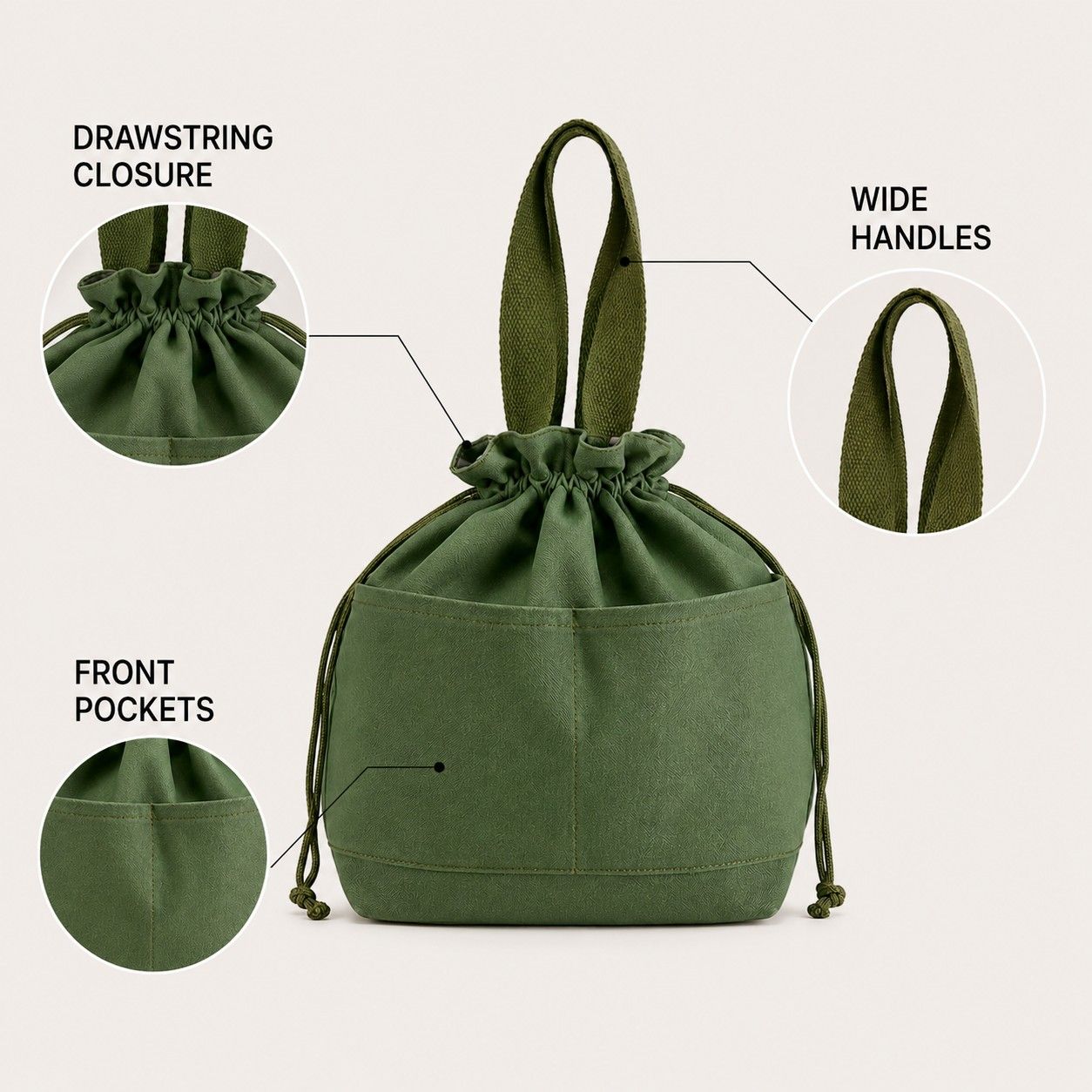 Insulated Drawstring Lunch Bag with Front Pockets Reusable Lunch Tote