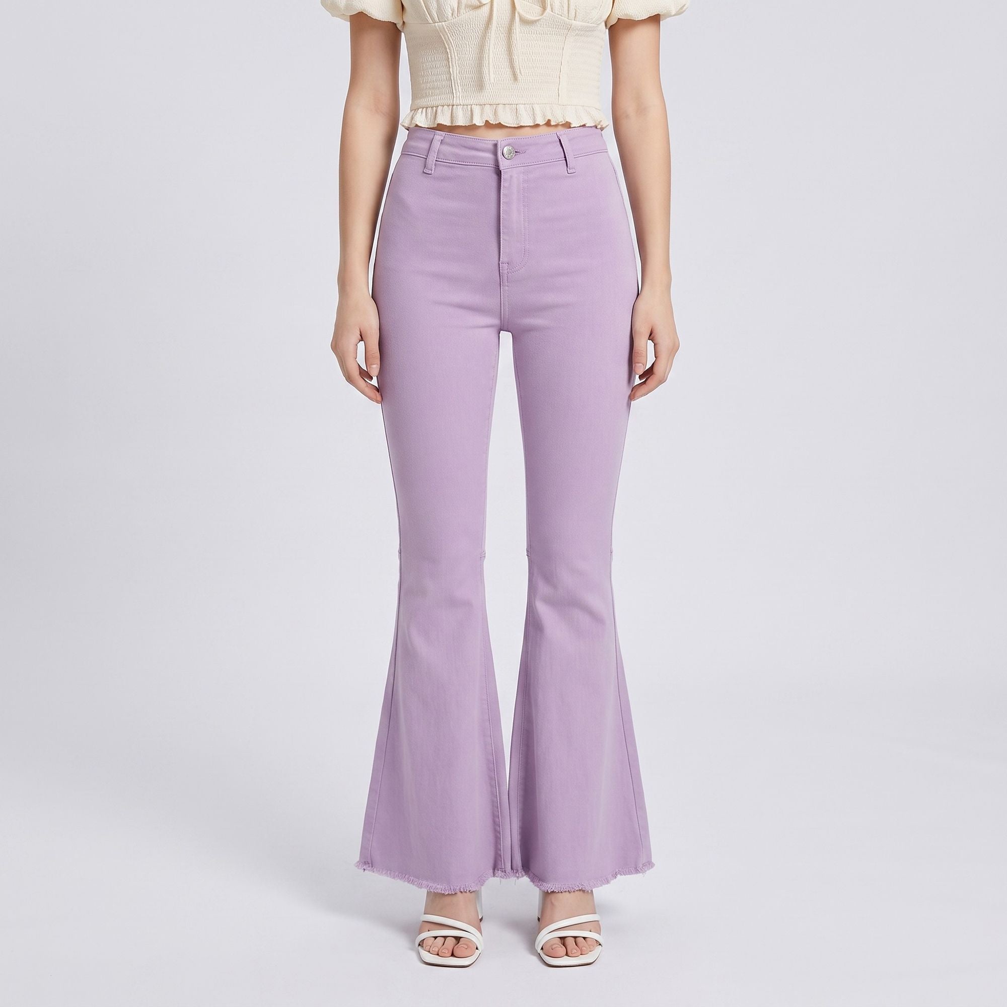 High Rise Flare Pants Button Front Stretch Wide Leg Hem Pants