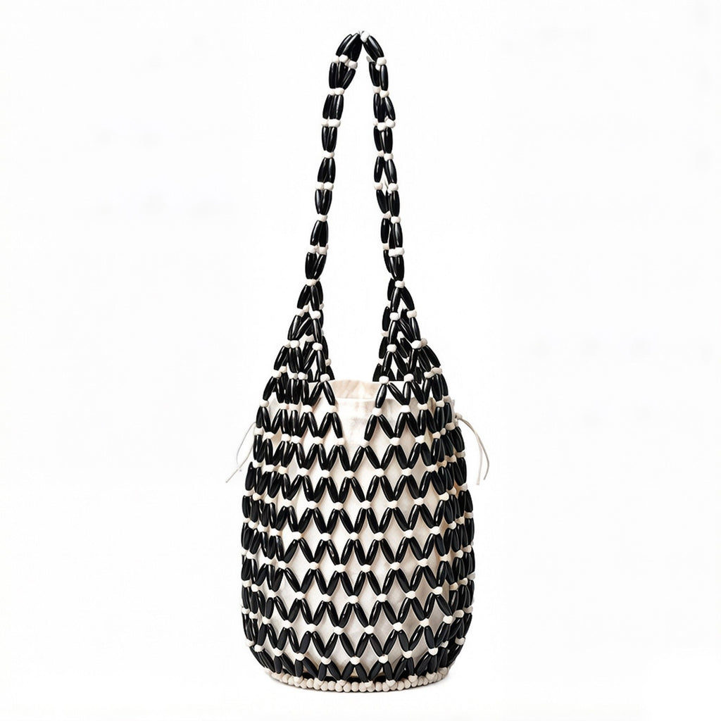 Beaded Bucket Bag with Inner Pouch Open Weave Wooden Bead Shoulder Handbag Lightweight Drawstring Tote