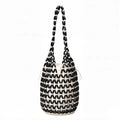 Beaded Bucket Bag with Inner Pouch Open Weave Wooden Bead Shoulder Handbag Lightweight Drawstring Tote