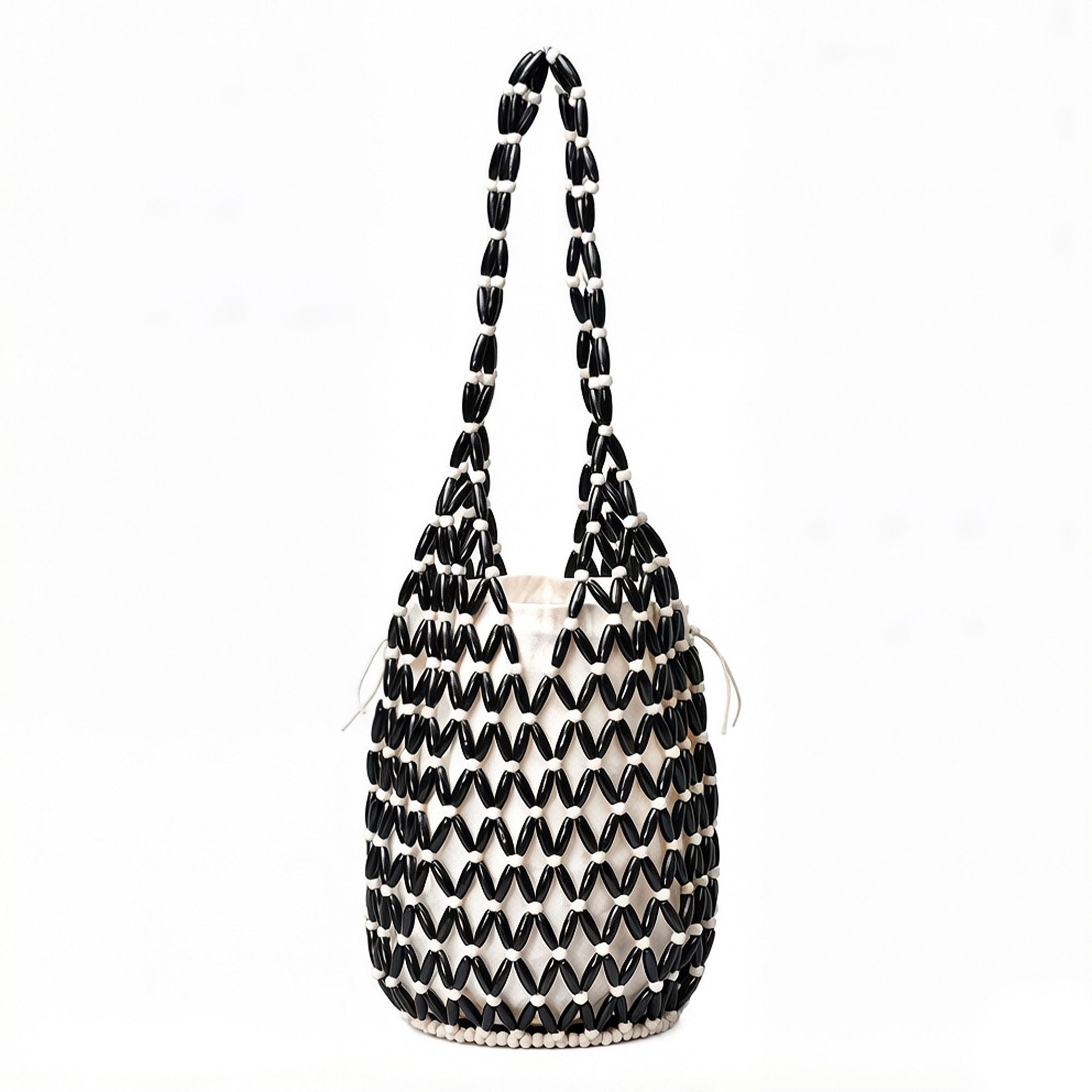 Beaded Bucket Bag with Inner Pouch Open Weave Wooden Bead Shoulder Handbag Lightweight Drawstring Tote